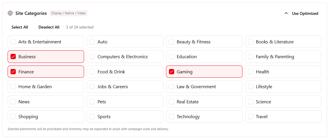 Site categories selector inside the Manifold campaign wizard, with content categories and multi-select for display placements